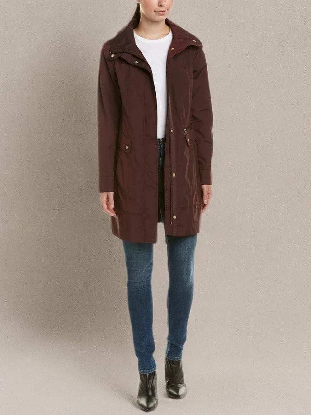 Cole Haan Eggplant Packable Hooded Raincoat w/ Gold Hardware, XS